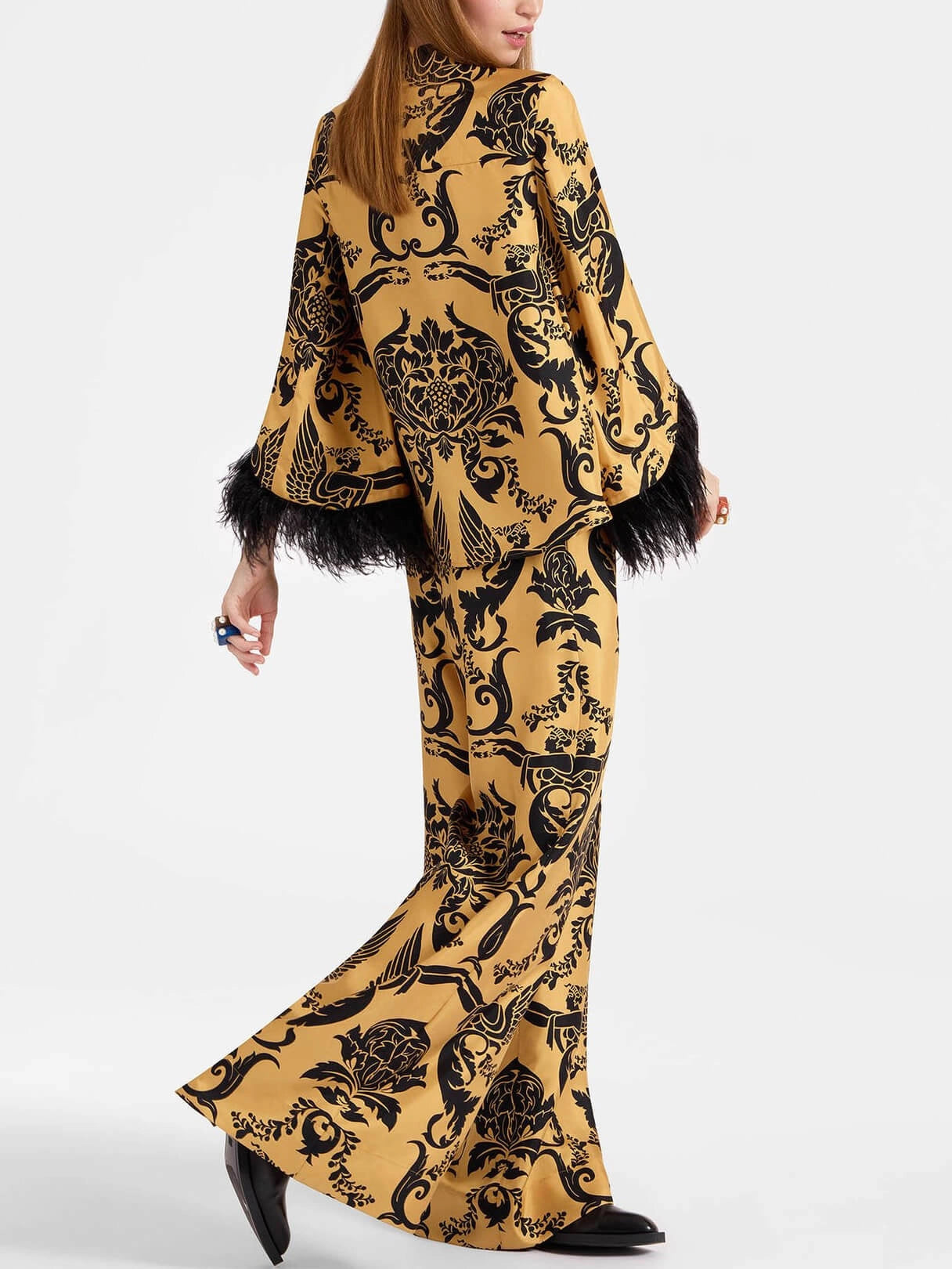 Satin Print Feather Cuffs Loose Top