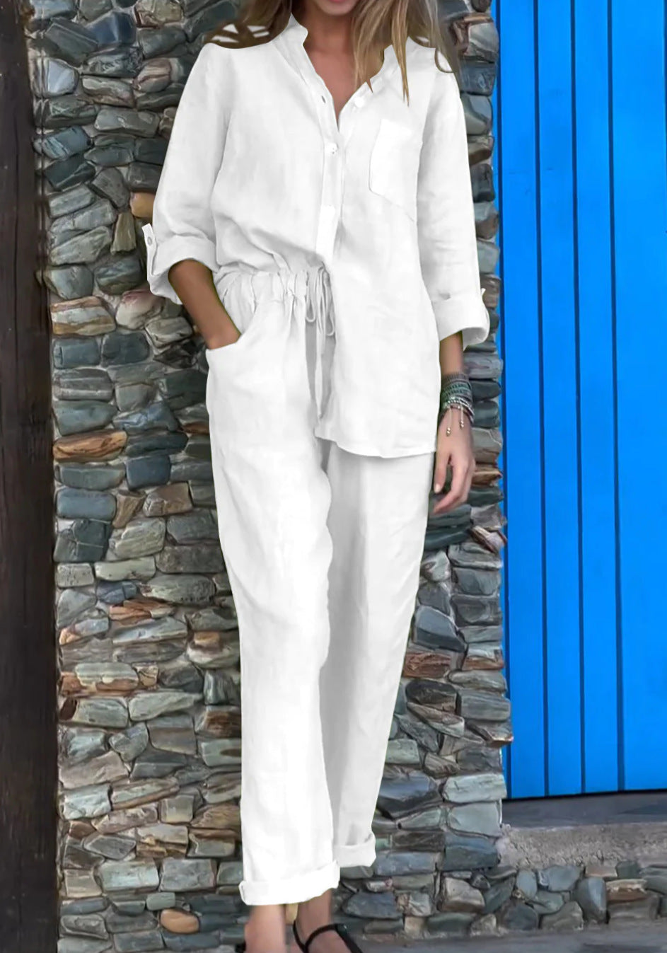Casual V-Neck Shirt & Pants Set - Cotton Linen