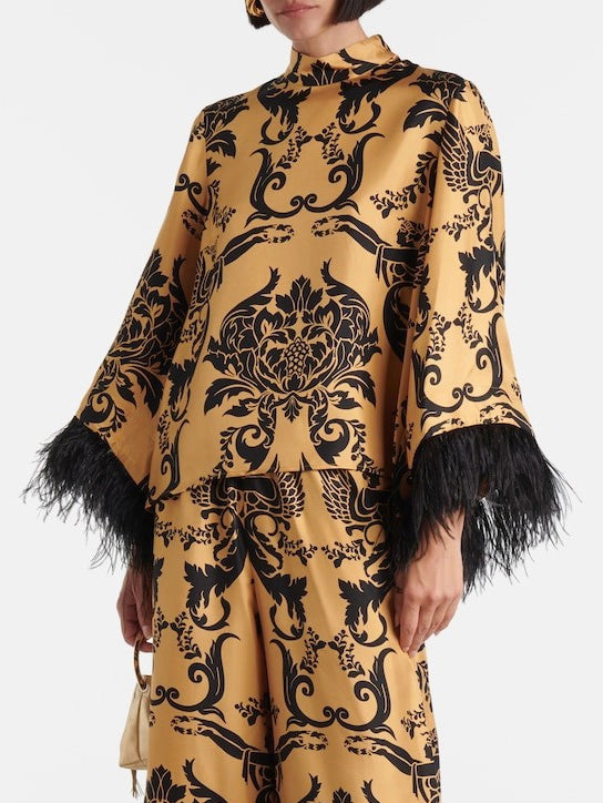 Satin Print Feather Cuffs Loose Top