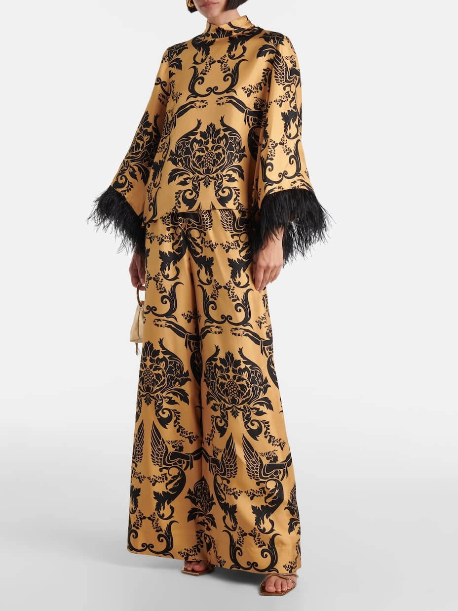 Satin Print Feather Cuffs Loose Top