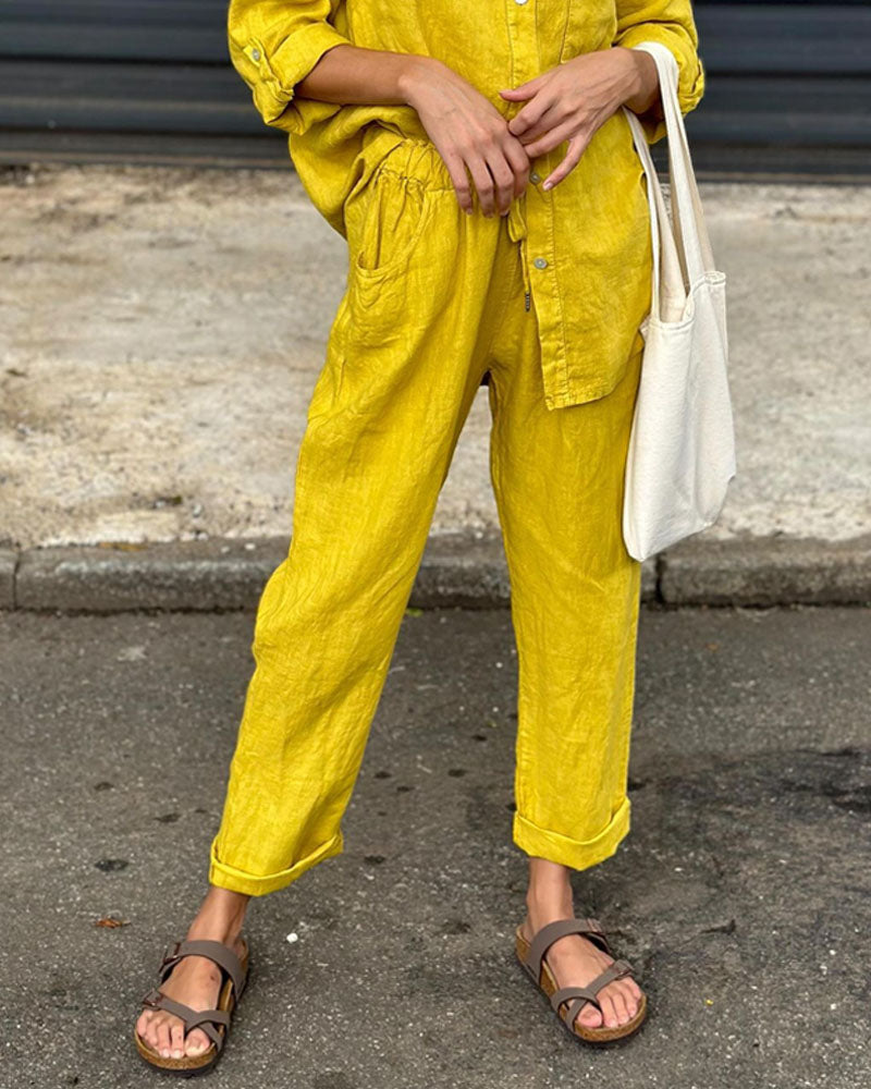 Casual V-Neck Shirt & Pants Set - Cotton Linen