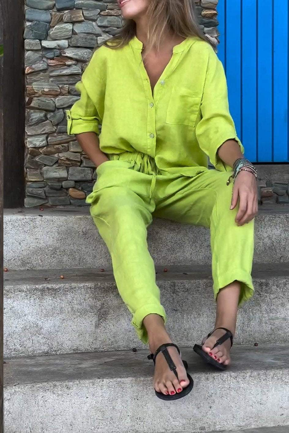 Casual V-Neck Shirt & Pants Set - Cotton Linen