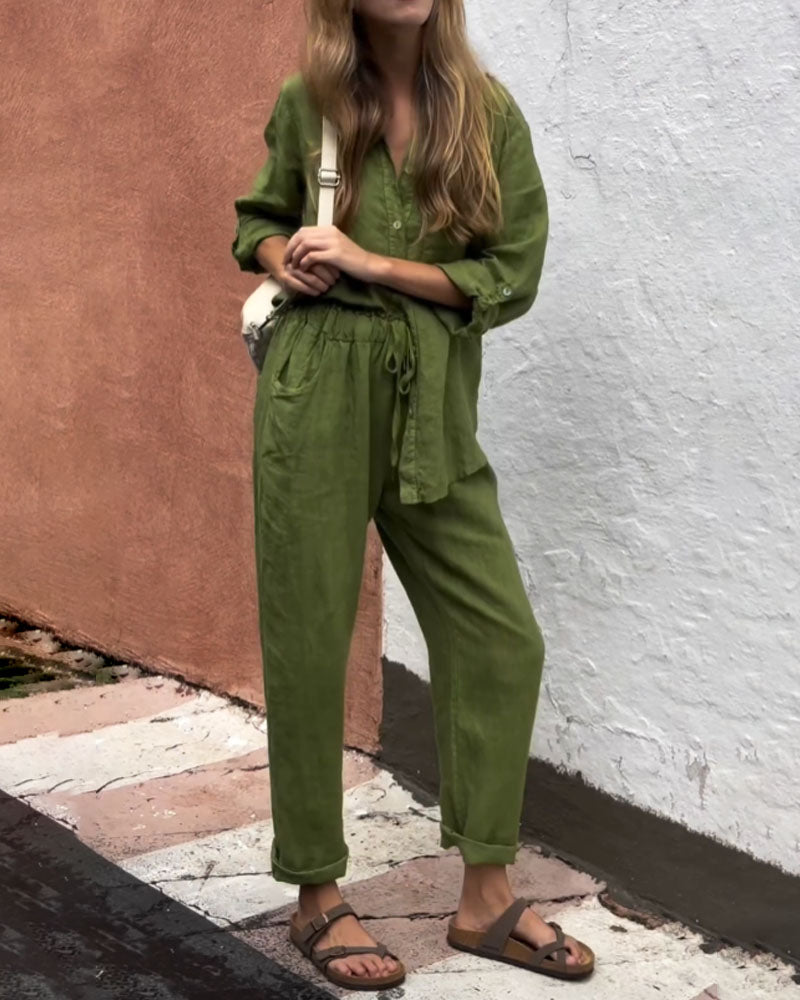 Casual V-Neck Shirt & Pants Set - Cotton Linen