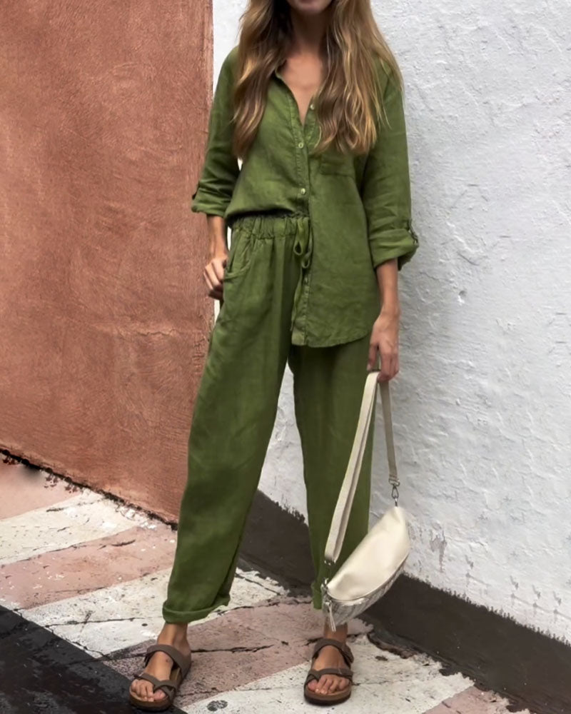 Casual V-Neck Shirt & Pants Set - Cotton Linen