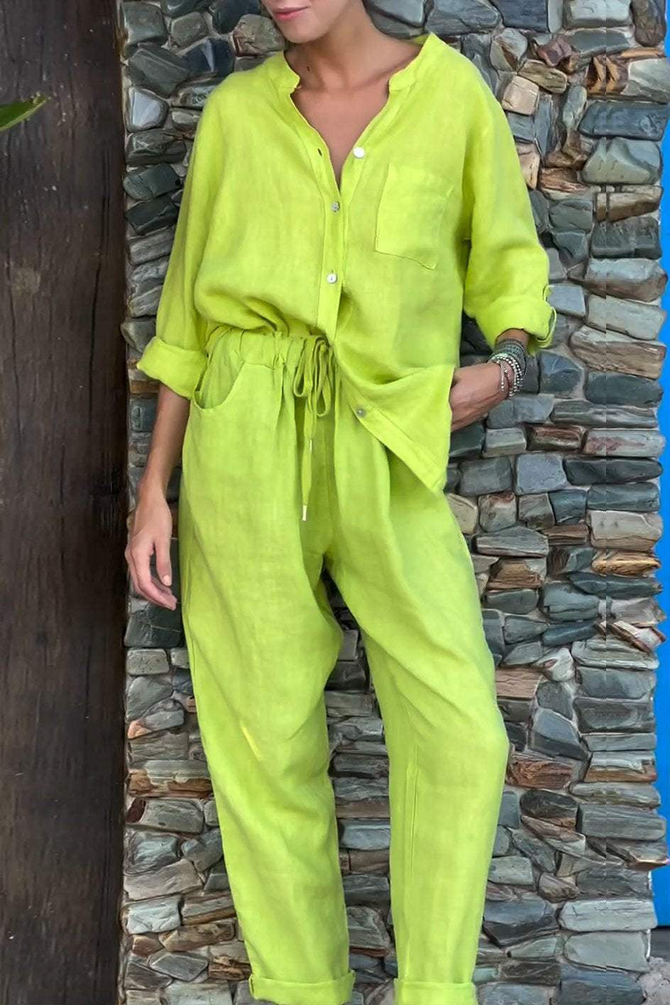Casual V-Neck Shirt & Pants Set - Cotton Linen