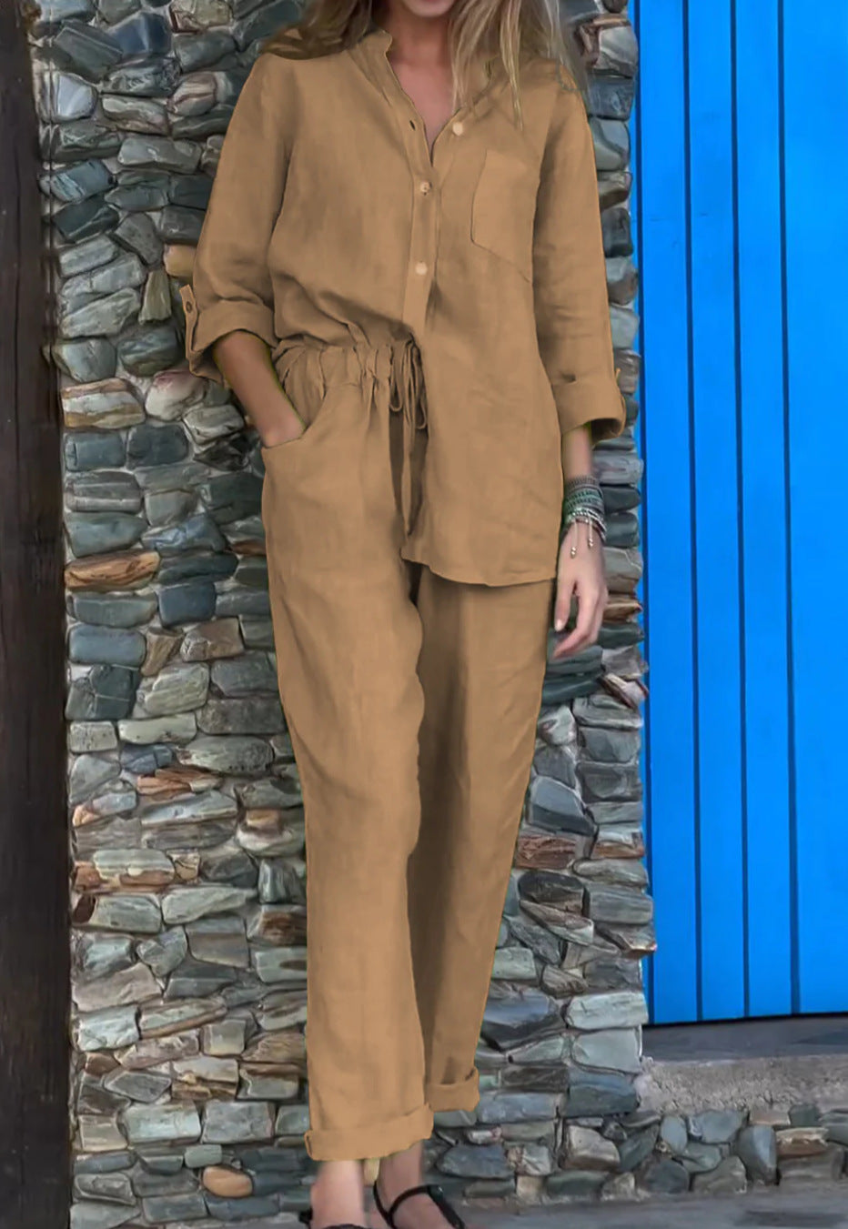 Casual V-Neck Shirt & Pants Set - Cotton Linen