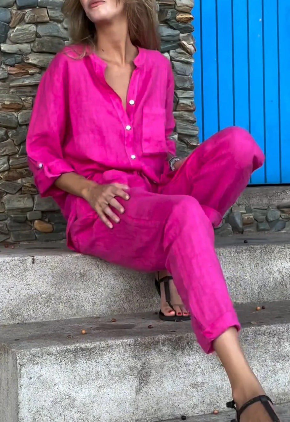 Casual V-Neck Shirt & Pants Set - Cotton Linen