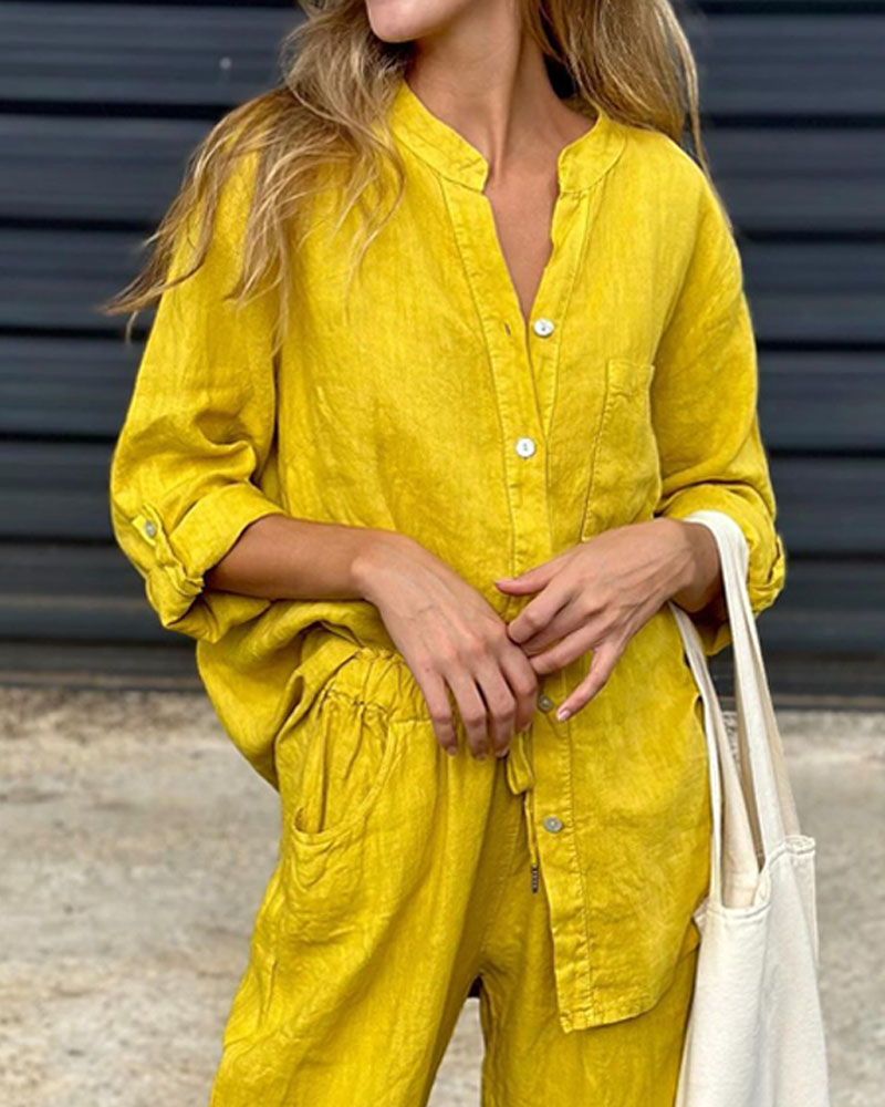 Casual V-Neck Shirt & Pants Set - Cotton Linen