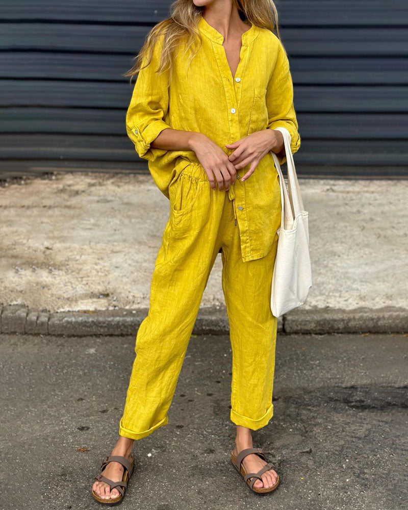 Casual V-Neck Shirt & Pants Set - Cotton Linen