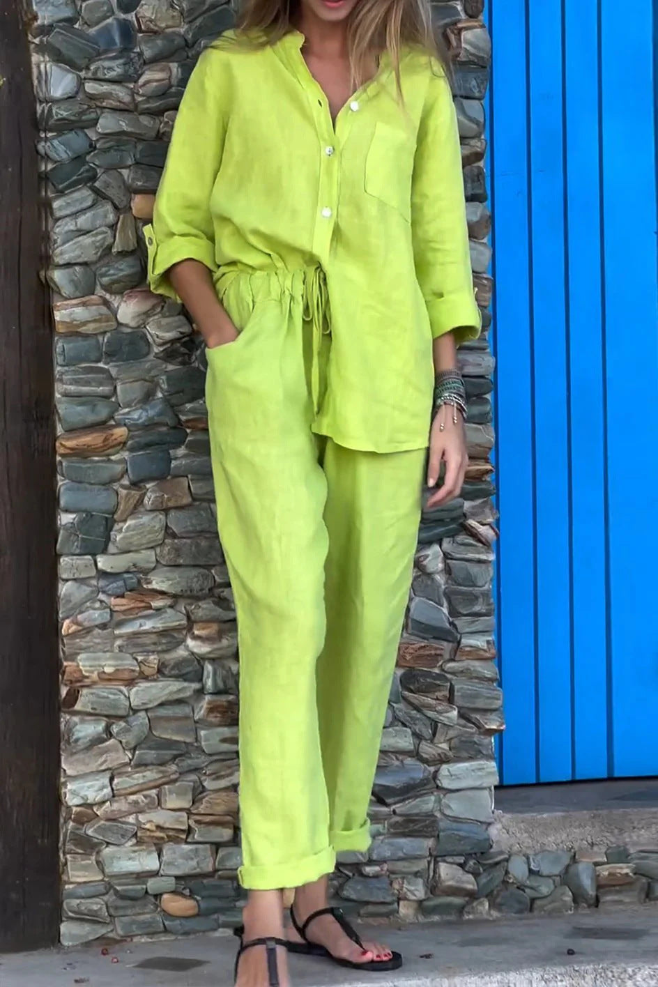 Casual V-Neck Shirt & Pants Set - Cotton Linen