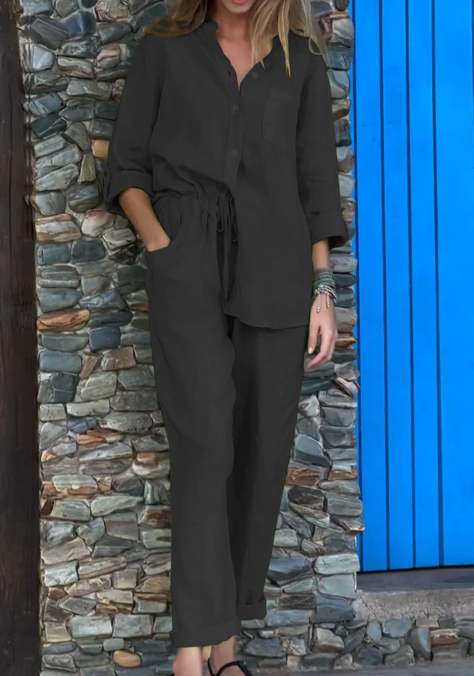 Casual V-Neck Shirt & Pants Set - Cotton Linen