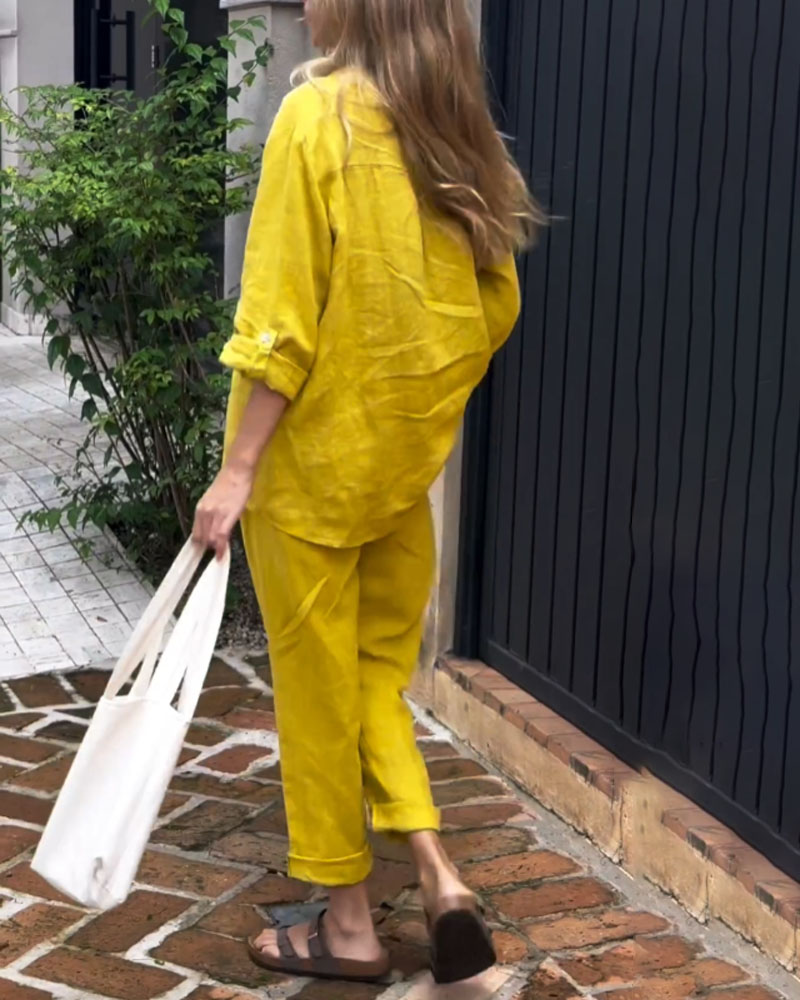Casual V-Neck Shirt & Pants Set - Cotton Linen