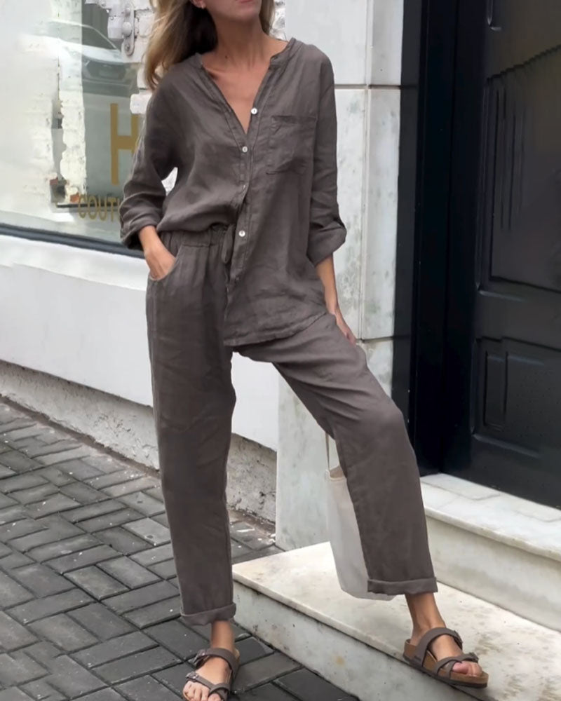 Casual V-Neck Shirt & Pants Set - Cotton Linen