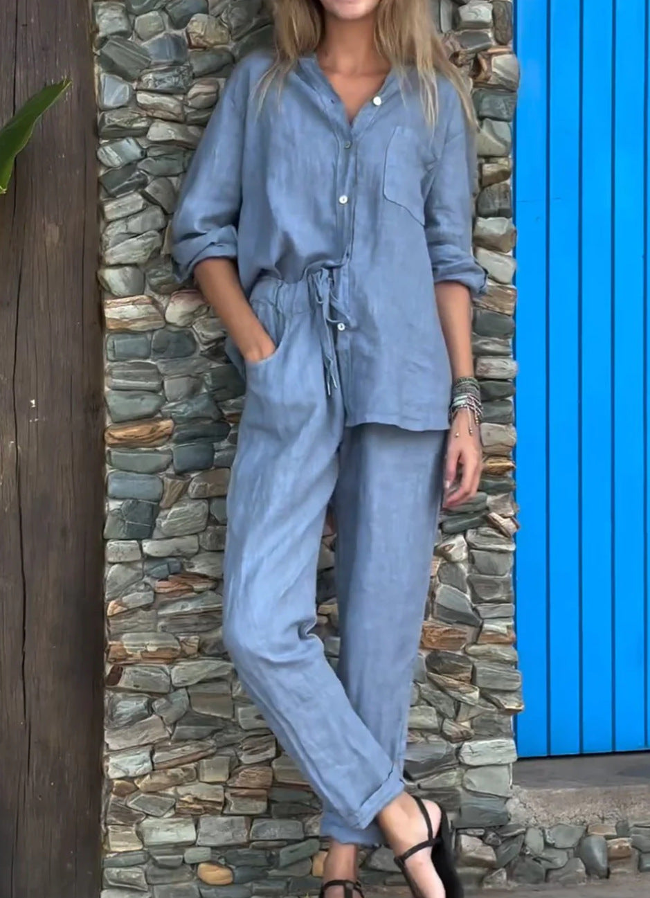 Casual V-Neck Shirt & Pants Set - Cotton Linen