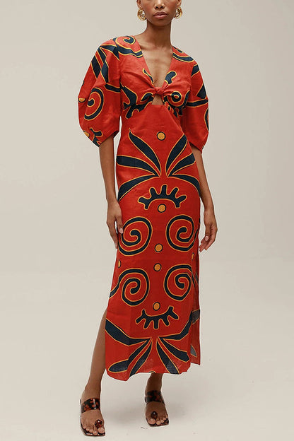 Stella Stylish Linen Blend Front Cutout Knot Maxi Dress