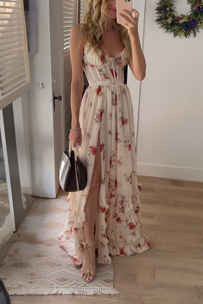 Isla Timeless Floral Ruffle Layered Slit Maxi Dress