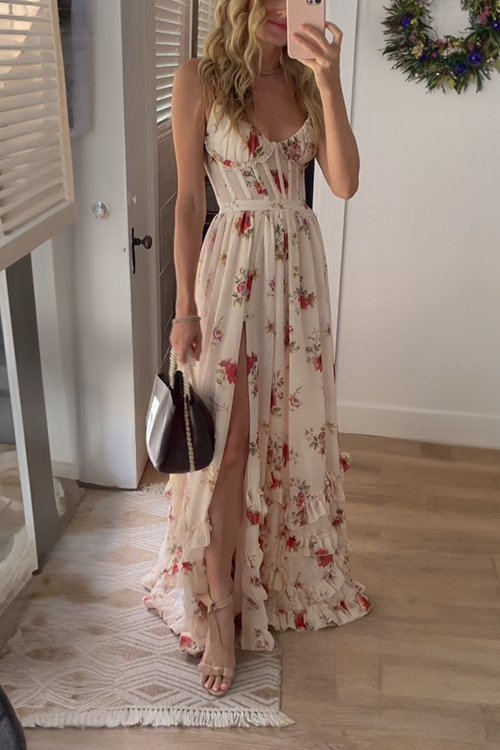 Isla Timeless Floral Ruffle Layered Slit Maxi Dress