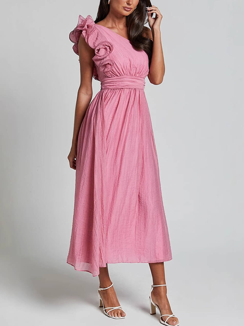 Bella Romantic Seaside One Shoulder Frill Sleeve Midi Dress