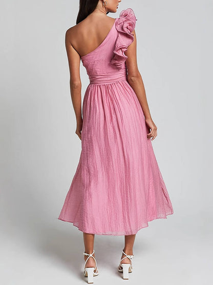 Bella Romantic Seaside One Shoulder Frill Sleeve Midi Dress