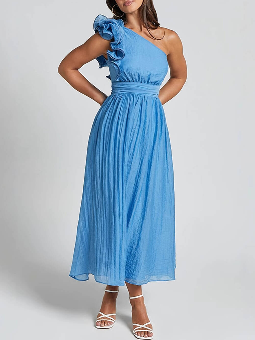 Bella Romantic Seaside One Shoulder Frill Sleeve Midi Dress