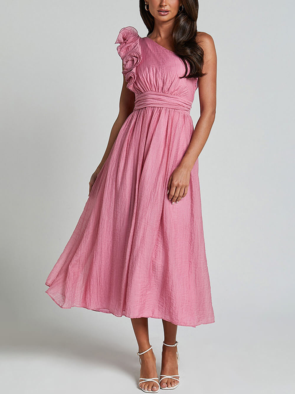 Bella Romantic Seaside One Shoulder Frill Sleeve Midi Dress
