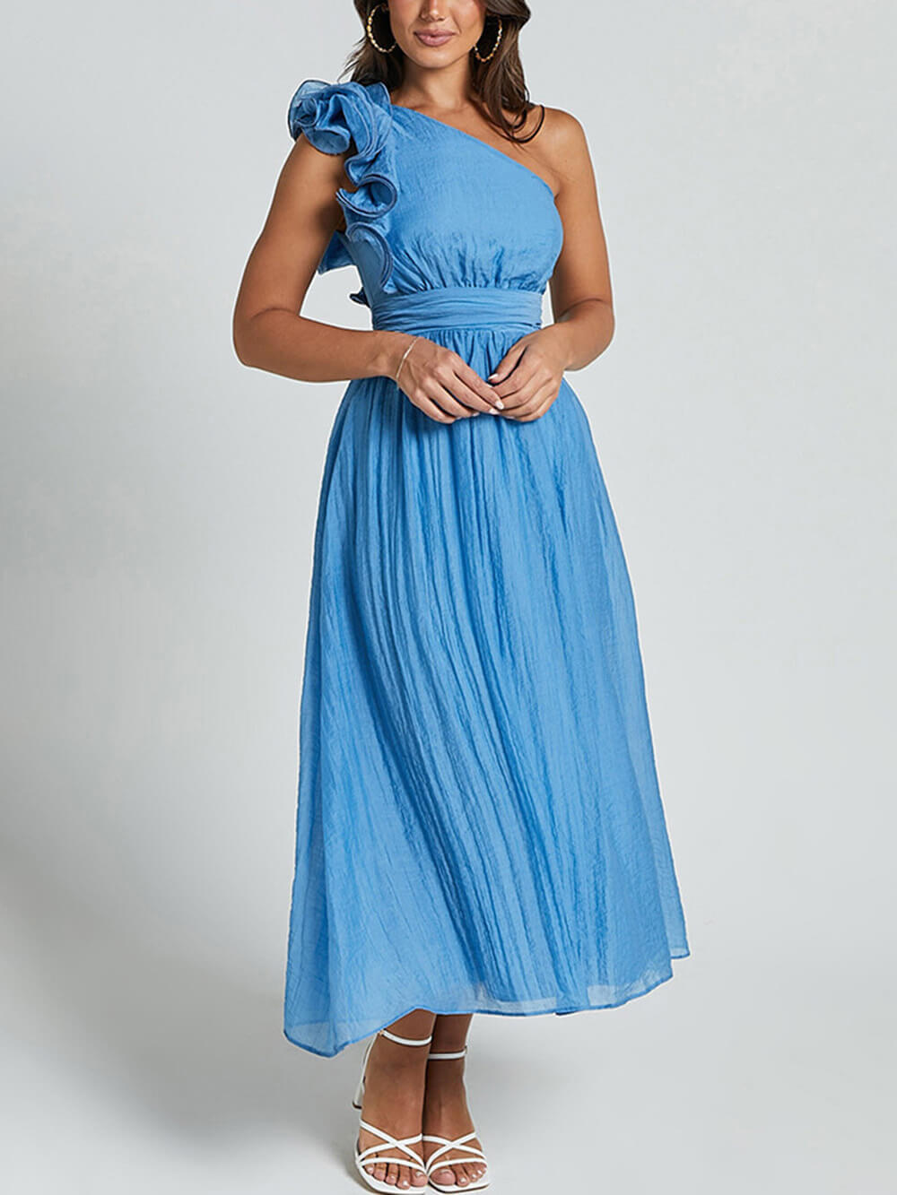Bella Romantic Seaside One Shoulder Frill Sleeve Midi Dress