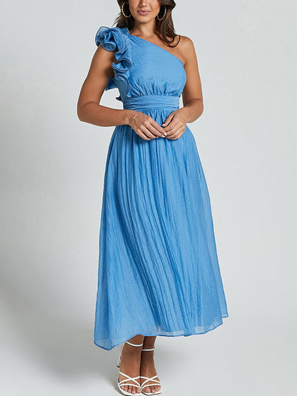 Bella Romantic Seaside One Shoulder Frill Sleeve Midi Dress