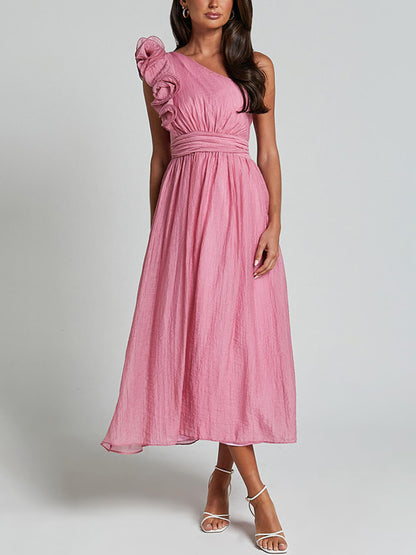 Bella Romantic Seaside One Shoulder Frill Sleeve Midi Dress