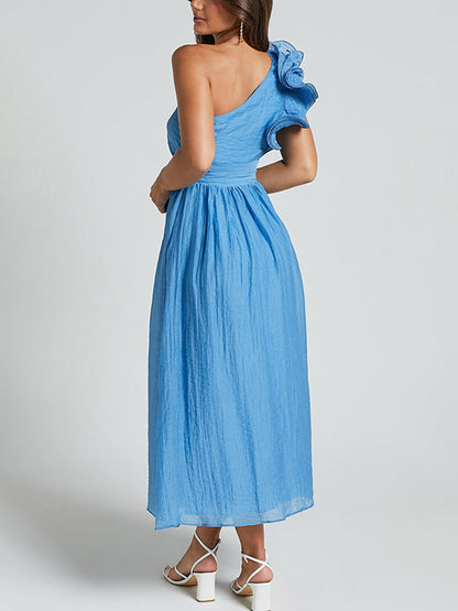 Bella Romantic Seaside One Shoulder Frill Sleeve Midi Dress