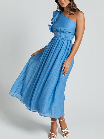 Bella Romantic Seaside One Shoulder Frill Sleeve Midi Dress