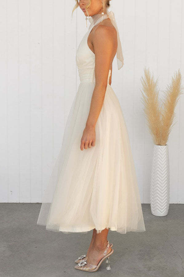 Sarah Elegant Tulle Gathered Detail Halter Dress