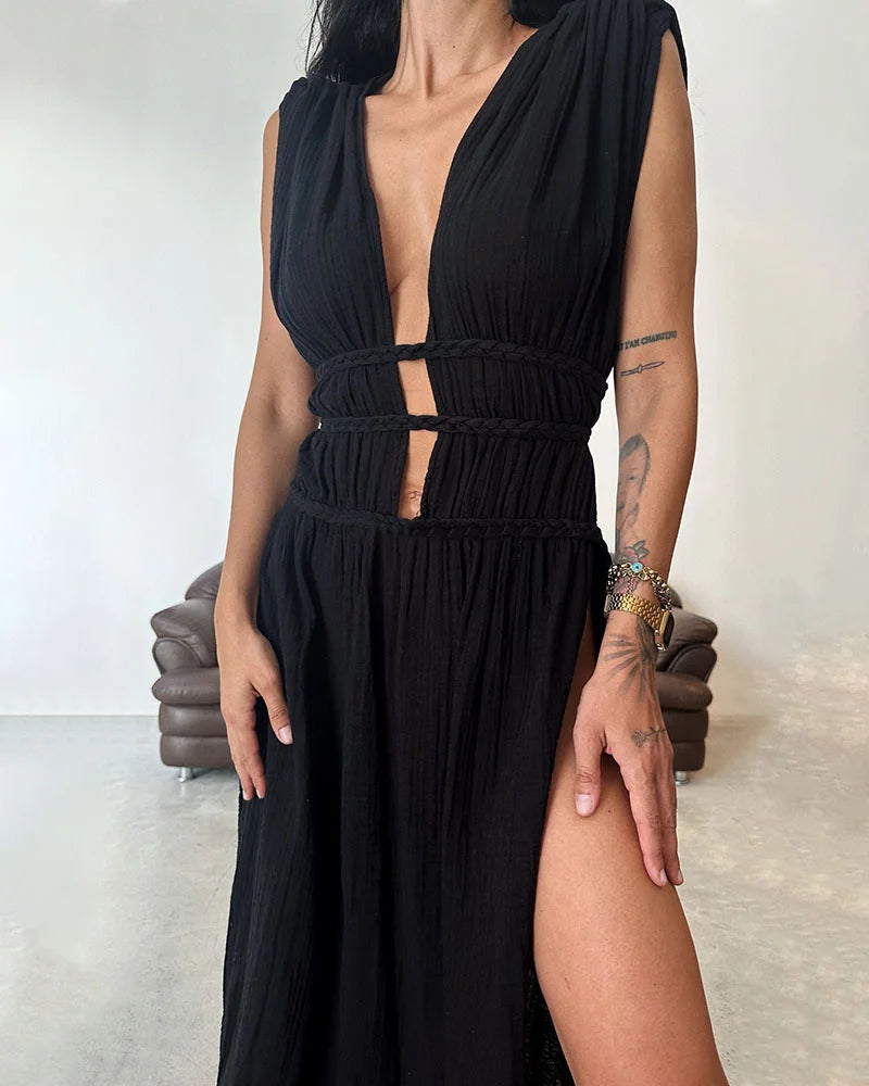 Harper Chic slit braided lace-up cotton and linen dress