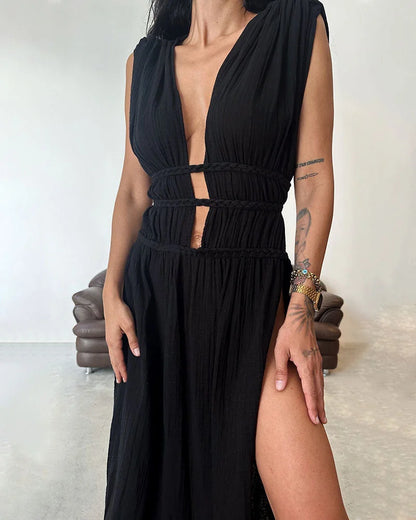 Harper Chic slit braided lace-up cotton and linen dress