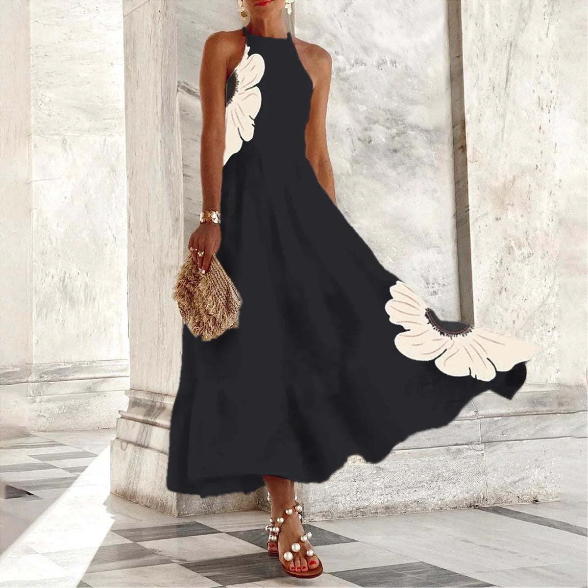 Popular Purple Floral Print Sleeveless Maxi Dress