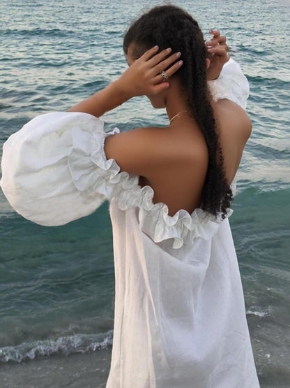 Olivia Off Shoulder Ruffle Puff Sleeve Pocketed Midi Dress