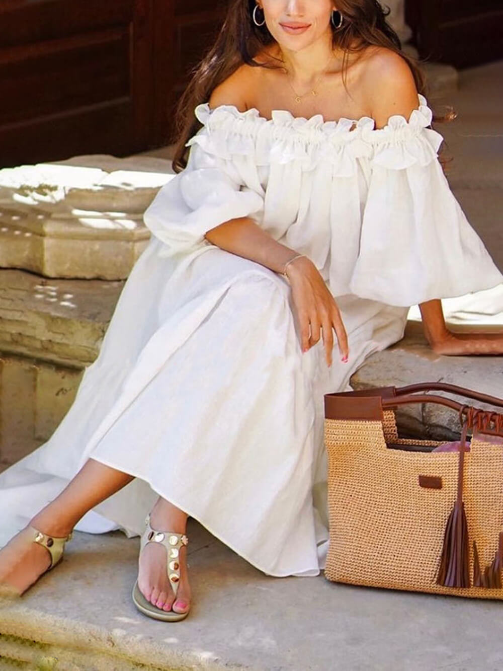 Olivia Off Shoulder Ruffle Puff Sleeve Pocketed Midi Dress