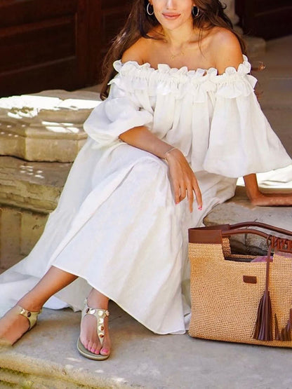 Olivia Off Shoulder Ruffle Puff Sleeve Pocketed Midi Dress