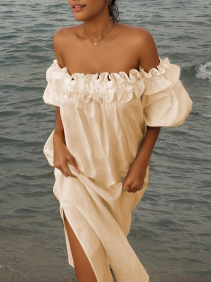 Olivia Off Shoulder Ruffle Puff Sleeve Pocketed Midi Dress