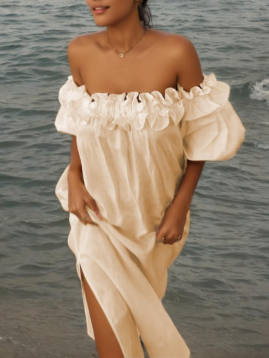Olivia Off Shoulder Ruffle Puff Sleeve Pocketed Midi Dress