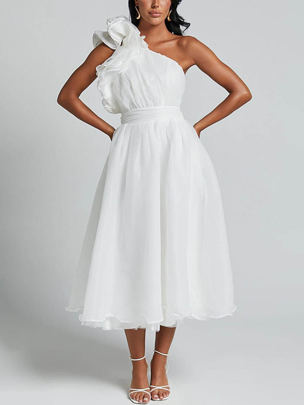Bella Romantic Seaside One Shoulder Frill Sleeve Midi Dress