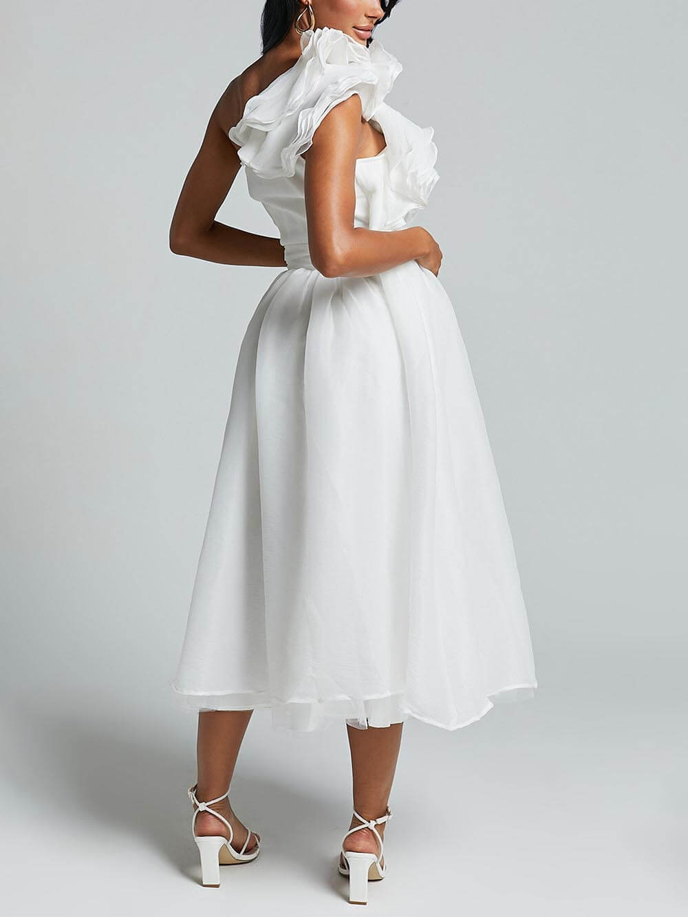 Bella Romantic Seaside One Shoulder Frill Sleeve Midi Dress
