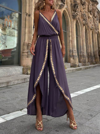 Amelia Gold Trim Cross-Neck Elastic Waist Jumpsuit