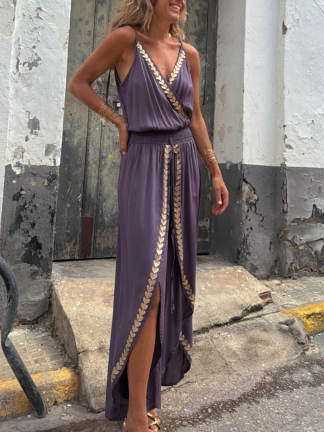 Amelia Gold Trim Cross-Neck Elastic Waist Jumpsuit