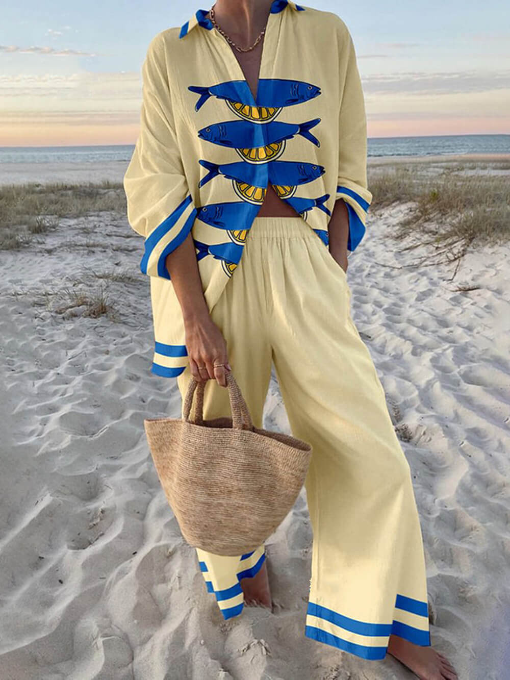 Ocean Print Oversized Shirt & Pocket Pants Set