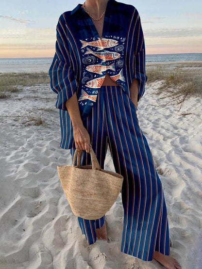 Ocean Print Oversized Shirt & Pocket Pants Set