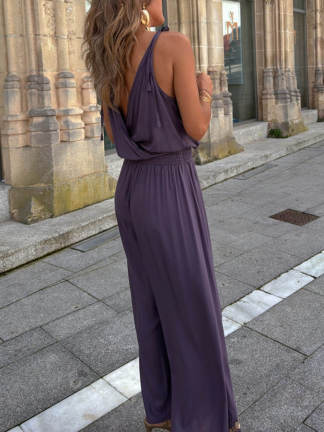 Amelia Gold Trim Cross-Neck Elastic Waist Jumpsuit