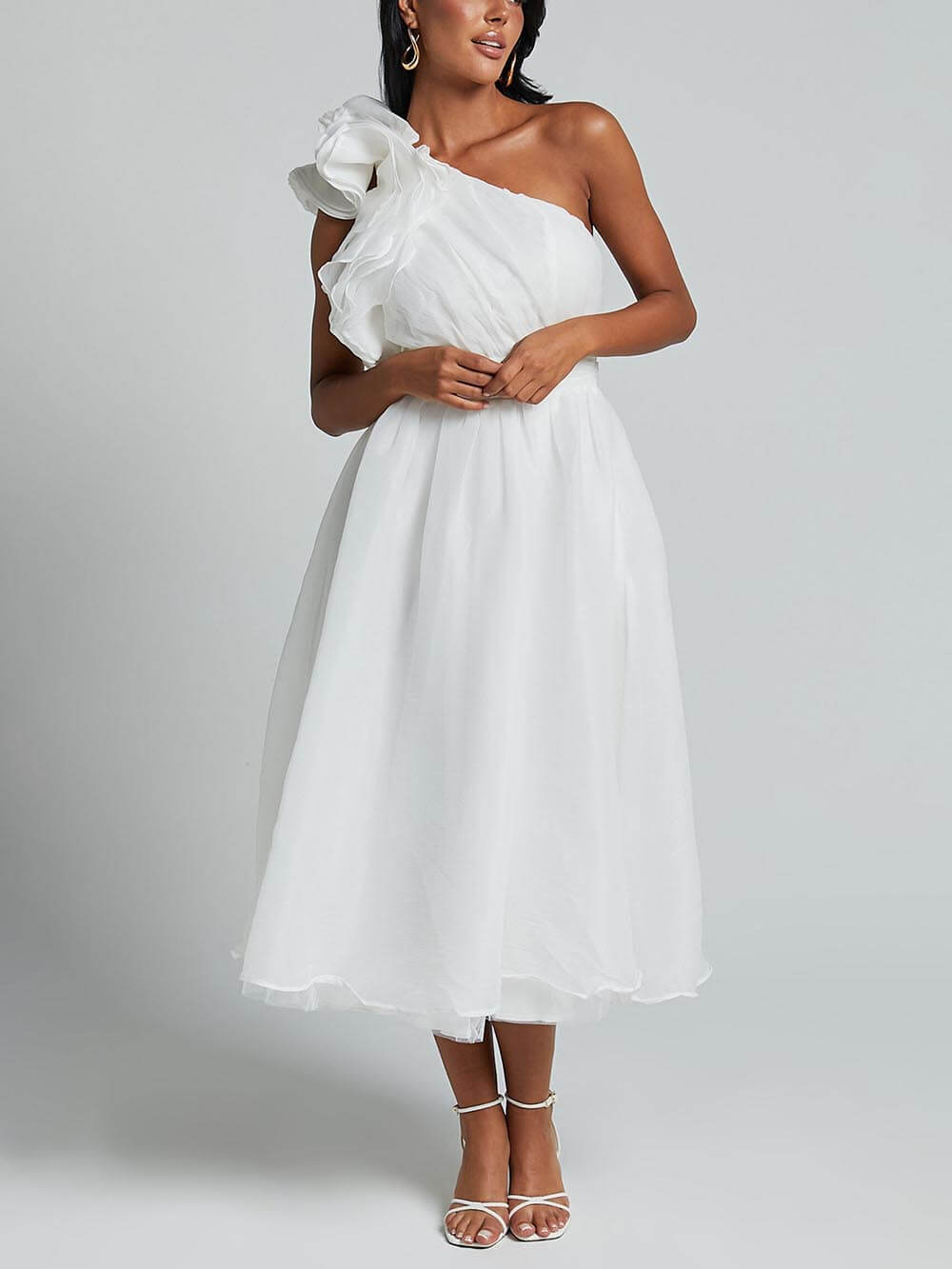 Bella Romantic Seaside One Shoulder Frill Sleeve Midi Dress