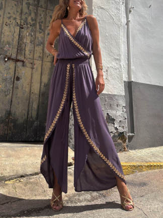 Amelia Gold Trim Cross-Neck Elastic Waist Jumpsuit