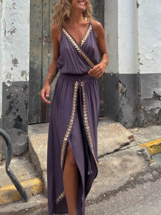 Amelia Gold Trim Cross-Neck Elastic Waist Jumpsuit