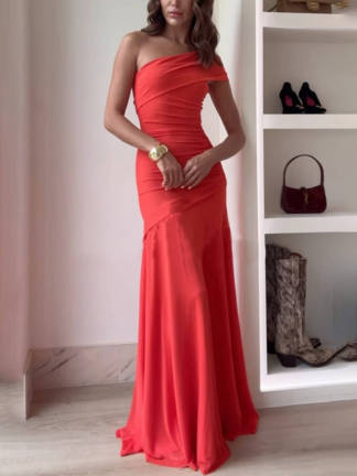 Maya  Elegant Ruched Stretch Off-Shoulder Maxi Dress